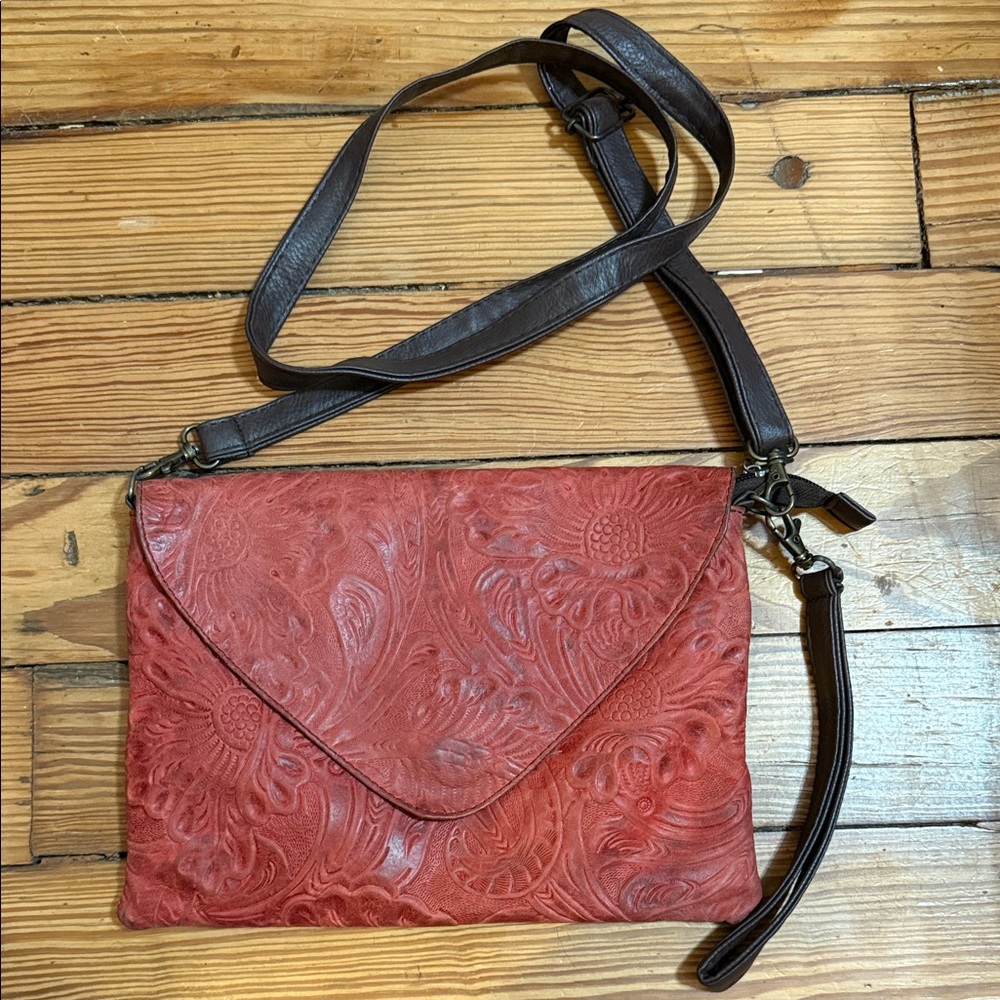 Embossed Red Leather Crossbody Bag